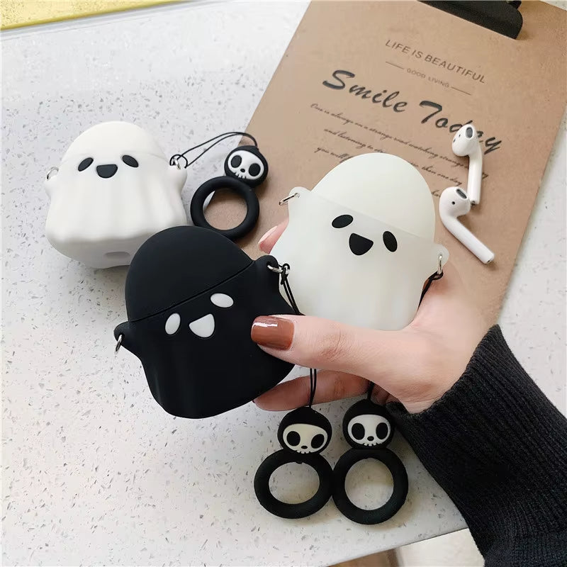 Stylish Cute 3D Ghost Silicone Bluetooth Wireless Earphone Case for Apple Airpods 1 2 Protect Cover Skull Pattern Finger Ring