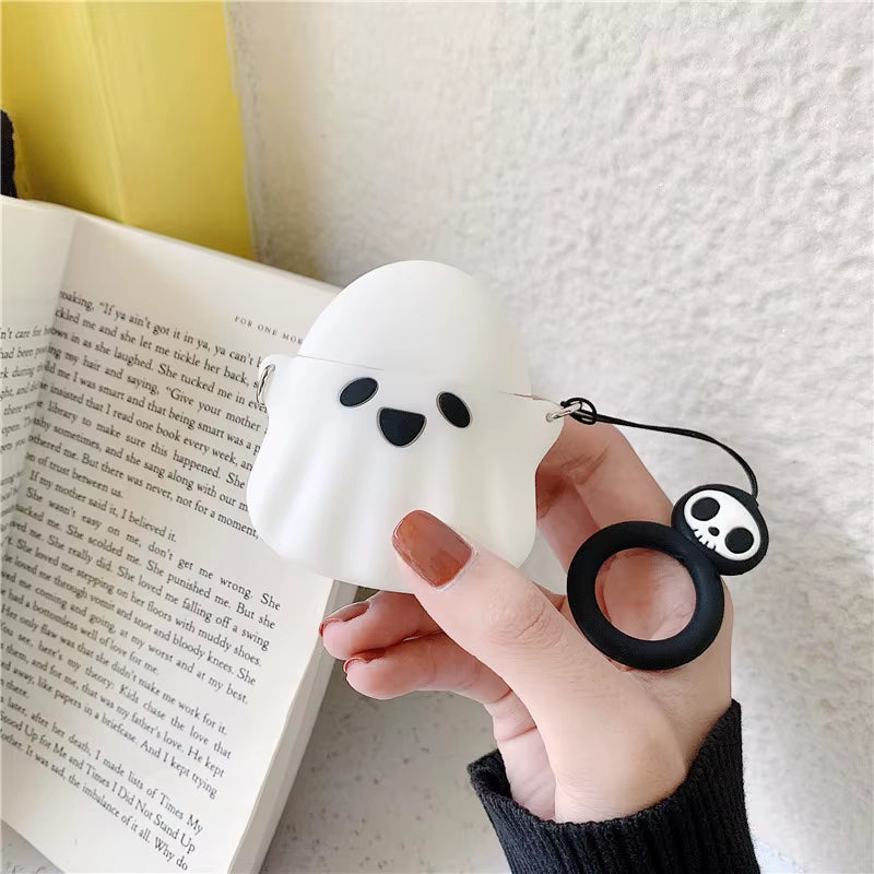 Stylish Cute 3D Ghost Silicone Bluetooth Wireless Earphone Case for Apple Airpods 1 2 Protect Cover Skull Pattern Finger Ring