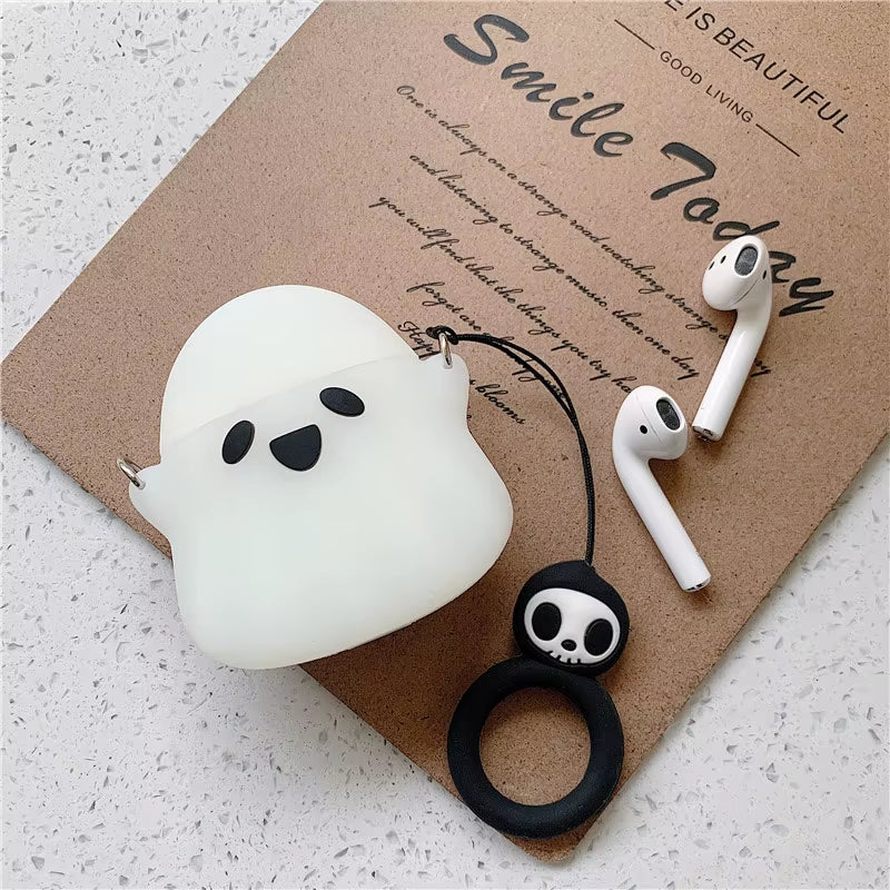 Stylish Cute 3D Ghost Silicone Bluetooth Wireless Earphone Case for Apple Airpods 1 2 Protect Cover Skull Pattern Finger Ring