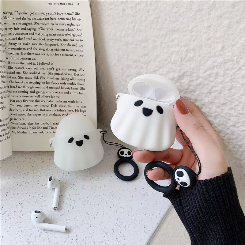 Stylish Cute 3D Ghost Silicone Bluetooth Wireless Earphone Case for Apple Airpods 1 2 Protect Cover Skull Pattern Finger Ring