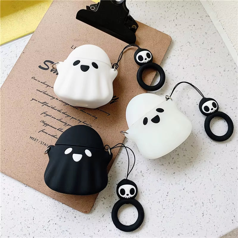 Stylish Cute 3D Ghost Silicone Bluetooth Wireless Earphone Case for Apple Airpods 1 2 Protect Cover Skull Pattern Finger Ring